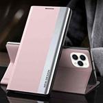 For iPhone 13 Pro Max Side Electroplated Magnetic Ultra-Thin Horizontal Flip Leather Case with Holder (Pink)