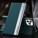 For iPhone 13 Pro Max Side Electroplated Magnetic Ultra-Thin Horizontal Flip Leather Case with Holder (Green)