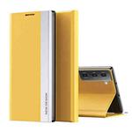 For Samsung Galaxy S21 FE Side Electroplated Magnetic Ultra-Thin Horizontal Flip Leather Case with Holder(Yellow)