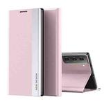 For Samsung Galaxy S21 FE Side Electroplated Magnetic Ultra-Thin Horizontal Flip Leather Case with Holder(Pink)