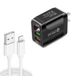 F002C QC3.0 USB + USB 2.0 LED Digital Display Fast Charger with USB to 8 Pin Data Cable, US Plug(Black)