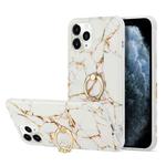 For iPhone 13 For  iPhone 13 Four Corners Shocproof Flow Gold Marble IMD Back Cover Case with Metal Rhinestone Ring(White)
