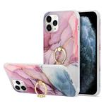 For iPhone 13 For  iPhone 13 Four Corners Shocproof Flow Gold Marble IMD Back Cover Case with Metal Rhinestone Ring(Purple)
