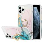 For iPhone 13 For  iPhone 13 Four Corners Shocproof Flow Gold Marble IMD Back Cover Case with Metal Rhinestone Ring(Pink)