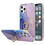 For iPhone 13 Pro Max Four Corners Shocproof Flow Gold Marble IMD Back Cover Case with Metal Rhinestone Ring (Dark Blue)