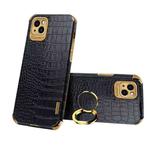 For iPhone 13 Pro Electroplated TPU Crocodile Pattern Leather Case with Ring Holder (Black)