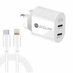 40W Dual Port PD / Type-C Fast Charger with Type-C to 8 Pin Data Cable, UK Plug(White)