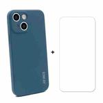 For iPhone 13 mini Hat-Prince ENKAY Liquid Silicone Shockproof Protective Case Drop Protection Cover + 9H Tempered Glass Screen Protector (Dark Blue)