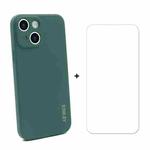 For iPhone 13 ENKAY Liquid Silicone Shockproof Case with 9H Tempered Glass Film(Dark Green)