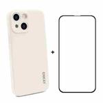 For iPhone 13 mini Hat-Prince ENKAY Liquid Silicone Shockproof Protective Case Drop Protection Cover + Full Coverage Tempered Glass Protector Film (Beige)