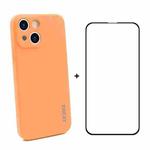 For iPhone 13 mini Hat-Prince ENKAY Liquid Silicone Shockproof Protective Case Drop Protection Cover + Full Coverage Tempered Glass Protector Film (Orange)