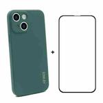 For iPhone 13 Hat-Prince ENKAY Liquid Silicone Shockproof Protective Case Drop Protection Cover + Full Coverage Tempered Glass Protector Film(Dark Green)