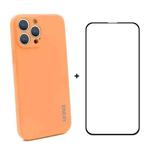 For iPhone 13 Pro Hat-Prince ENKAY Liquid Silicone Shockproof Protective Case Drop Protection Cover + Full Coverage Tempered Glass Protector Film (Orange)