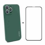 For iPhone 13 Pro Max Hat-Prince ENKAY Liquid Silicone Shockproof Protective Case Drop Protection Cover + Full Coverage Tempered Glass Protector Film (Dark Green)