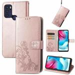 For Motorla Moto G60S Four-leaf Clasp Embossed Buckle Mobile Phone Protection Leather Case with Lanyard & Card Slot & Wallet & Bracket Function(Rose Gold)