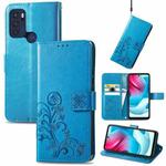 For Motorla Moto G60S Four-leaf Clasp Embossed Buckle Mobile Phone Protection Leather Case with Lanyard & Card Slot & Wallet & Bracket Function(Blue)