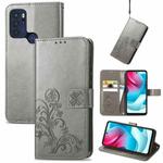 For Motorla Moto G60S Four-leaf Clasp Embossed Buckle Mobile Phone Protection Leather Case with Lanyard & Card Slot & Wallet & Bracket Function(Grey)