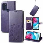 For Motorla Moto G60S Four-leaf Clasp Embossed Buckle Mobile Phone Protection Leather Case with Lanyard & Card Slot & Wallet & Bracket Function(Purple)