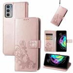 For Motorola Edge 20 Four-leaf Clasp Embossed Buckle Mobile Phone Protection Leather Case with Lanyard & Card Slot & Wallet & Bracket Function(Rose Gold)