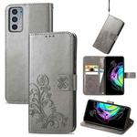 For Motorola Edge 20 Four-leaf Clasp Embossed Buckle Mobile Phone Protection Leather Case with Lanyard & Card Slot & Wallet & Bracket Function(Grey)