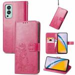 For OnePlus Nord 2 5G Four-leaf Clasp Embossed Buckle Mobile Phone Protection Leather Case with Lanyard & Card Slot & Wallet & Bracket Function(Magenta)