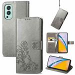 For OnePlus Nord 2 5G Four-leaf Clasp Embossed Buckle Mobile Phone Protection Leather Case with Lanyard & Card Slot & Wallet & Bracket Function(Grey)