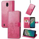 For Nokia C01 Plus Four-leaf Clasp Embossed Buckle Mobile Phone Protection Leather Case with Lanyard & Card Slot & Wallet & Bracket Function(Magenta)