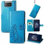 For Asus Zenfone 8 Flip Four-leaf Clasp Embossed Buckle Mobile Phone Protection Leather Case with Lanyard & Card Slot & Wallet & Bracket Function(Blue)