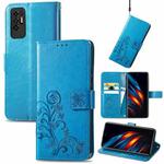 For Tecno Pova 2 Four-leaf Clasp Embossed Buckle Mobile Phone Protection Leather Case with Lanyard & Card Slot & Wallet & Bracket Function(Blue)