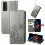 For Tecno Pova 2 Four-leaf Clasp Embossed Buckle Mobile Phone Protection Leather Case with Lanyard & Card Slot & Wallet & Bracket Function(Grey)