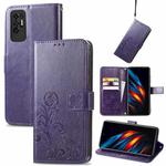 For Tecno Pova 2 Four-leaf Clasp Embossed Buckle Mobile Phone Protection Leather Case with Lanyard & Card Slot & Wallet & Bracket Function(Purple)