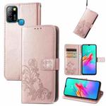 For Infinix Smart 5 Four-leaf Clasp Embossed Buckle Mobile Phone Protection Leather Case with Lanyard & Card Slot & Wallet & Bracket Function(Rose Gold)