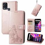 For Infinix HOT 10T Four-leaf Clasp Embossed Buckle Mobile Phone Protection Leather Case with Lanyard & Card Slot & Wallet & Bracket Function(Rose Gold)