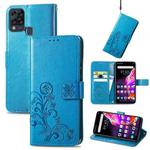 For Infinix HOT 10T Four-leaf Clasp Embossed Buckle Mobile Phone Protection Leather Case with Lanyard & Card Slot & Wallet & Bracket Function(Blue)