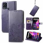 For Infinix HOT 10T Four-leaf Clasp Embossed Buckle Mobile Phone Protection Leather Case with Lanyard & Card Slot & Wallet & Bracket Function(Purple)