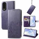 For Huawei nova 8 SE Youth Four-leaf Clasp Embossed Buckle Mobile Phone Protection Leather Case with Lanyard & Card Slot & Wallet & Bracket Function(Purple)