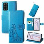 For Blackview A100 Four-leaf Clasp Embossed Buckle Mobile Phone Protection Leather Case with Lanyard & Card Slot & Wallet & Bracket Function(Blue)