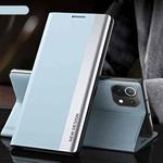 For Xiaomi Mi 11 Side Electroplated Magnetic Ultra-Thin Horizontal Flip Leather Case with Holder(Light Blue)