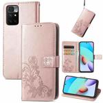 For Xiaomi Redmi 10 Four-leaf Clasp Embossed Buckle Mobile Phone Protection Leather Case with Lanyard & Card Slot & Wallet & Bracket Function(Rose Gold)