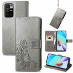 For Xiaomi Redmi 10 Four-leaf Clasp Embossed Buckle Mobile Phone Protection Leather Case with Lanyard & Card Slot & Wallet & Bracket Function(Grey)