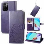For Xiaomi Redmi 10 Four-leaf Clasp Embossed Buckle Mobile Phone Protection Leather Case with Lanyard & Card Slot & Wallet & Bracket Function(Purple)