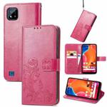 For OPPO Realme C20 Four-leaf Clasp Embossed Buckle Mobile Phone Protection Leather Case with Lanyard & Card Slot & Wallet & Bracket Function(Magenta)
