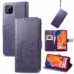 For OPPO Realme C20 Four-leaf Clasp Embossed Buckle Mobile Phone Protection Leather Case with Lanyard & Card Slot & Wallet & Bracket Function(Purple)