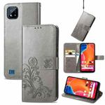 For OPPO Realme C20 Four-leaf Clasp Embossed Buckle Mobile Phone Protection Leather Case with Lanyard & Card Slot & Wallet & Bracket Function(Grey)