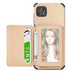 For Samsung Galaxy A22 5G Carbon Fiber Magnetic Card Bag TPU+PU Shockproof Back Cover Case with Holder & Card Slot & Photo Frame(Khaki)