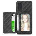 For Samsung Galaxy A31 Carbon Fiber Magnetic Card Bag TPU+PU Shockproof Back Cover Case with Holder & Card Slot & Photo Frame(Black)