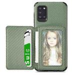 For Samsung Galaxy A31 Carbon Fiber Magnetic Card Bag TPU+PU Shockproof Back Cover Case with Holder & Card Slot & Photo Frame(Green)