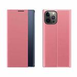 For iPhone 13 Pro Max Side Window Display Magnetic Suction Plain Grain Flip PU Leather + PC Case with Holder(Pink)