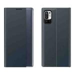 For Xiaomi Redmi Note 10 5G / Poco M3 Pro Side Window Display Magnetic Suction Plain Grain Flip PU Leather + PC Case with Holder(Dark Blue)