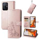For Xiaomi Mi 11T / 11T Pro Four-leaf Clasp Embossed Leather Case with Lanyard & Card Slot & Wallet & Holder(Rose Gold)